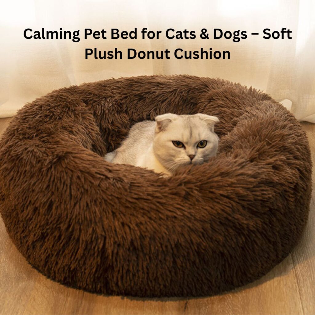 Calming pet bed for cats and dogs soft plush donut cushion coffee 50cm