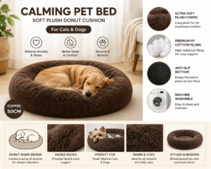 Calming pet bed for cats and dogs soft plush donut cushion coffee 50cm